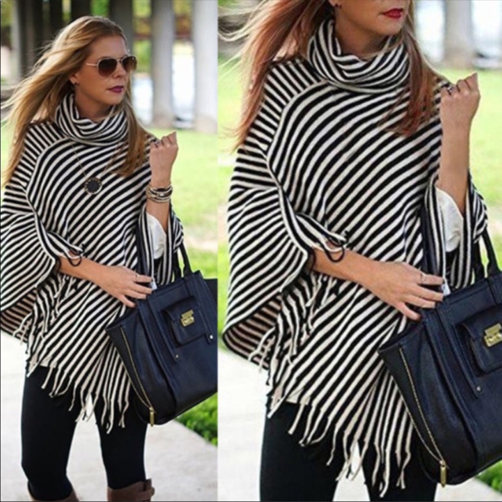 SALE Cowl Neck Black & White Fringe Striped Poncho - Picture 3 of 4
